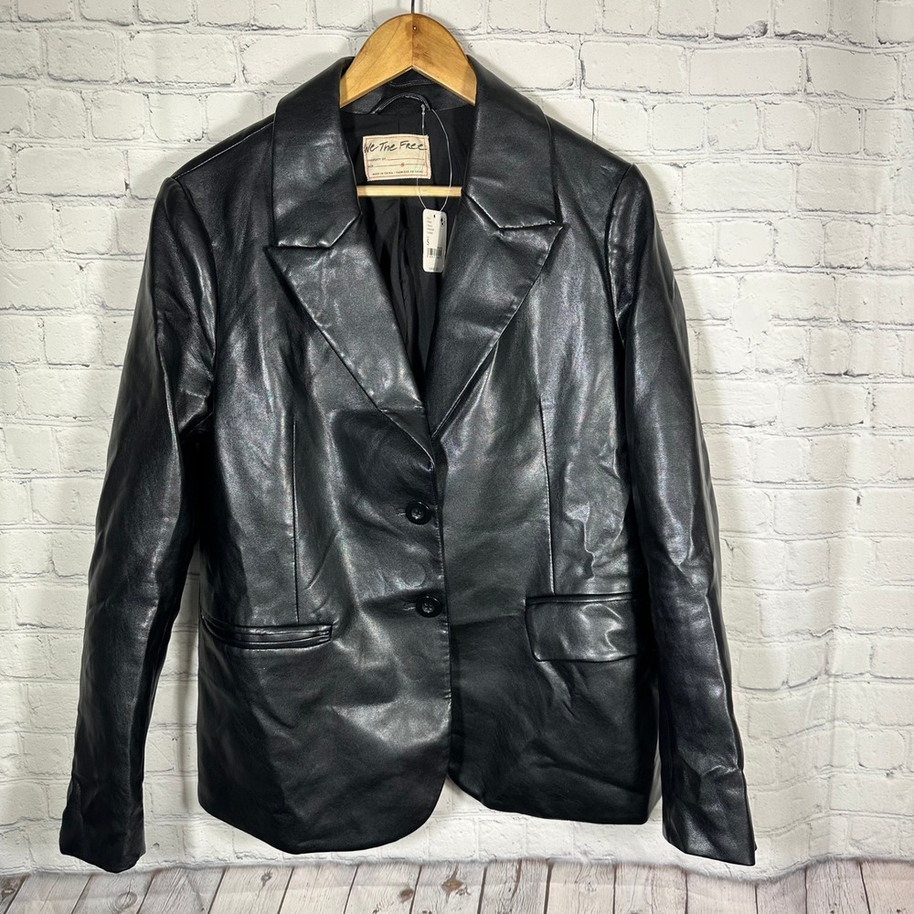 We The Free Free People Black Vegan Leather Blazer Jacket OB1621360 Womens Small